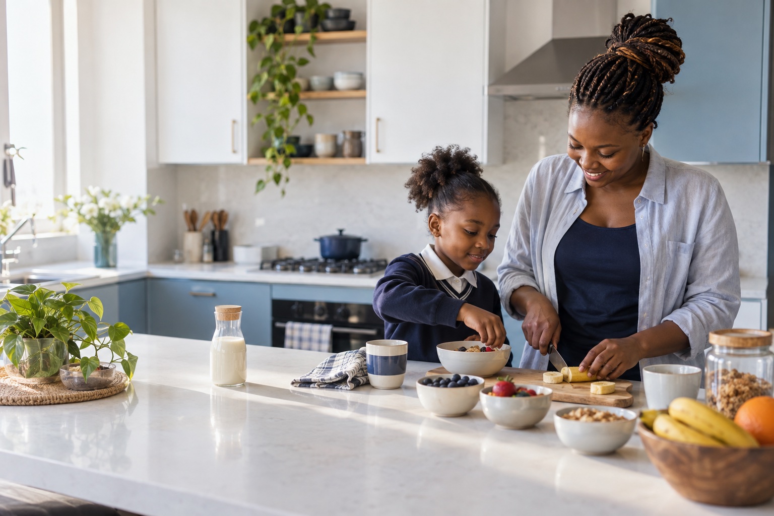 A mother and child preparing breakfast together in a bright, blue-accented kitchen